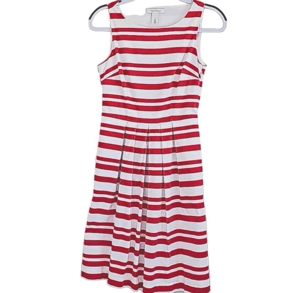 Womens Sz 2 Pleated Lined Pockets Candy Red Striped Fit and Flare Y2K 90s Dress.